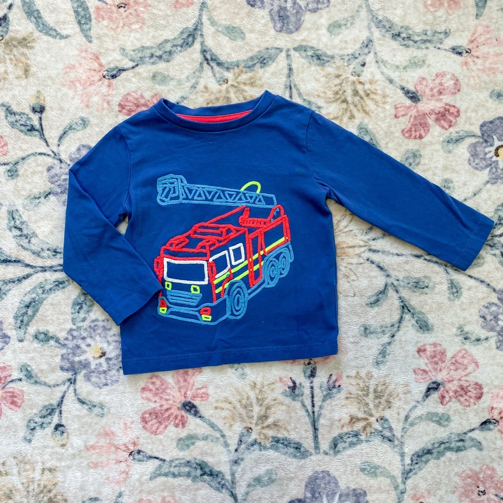 Mini Boden Blue Fire Truck Long Sleeve Shirt